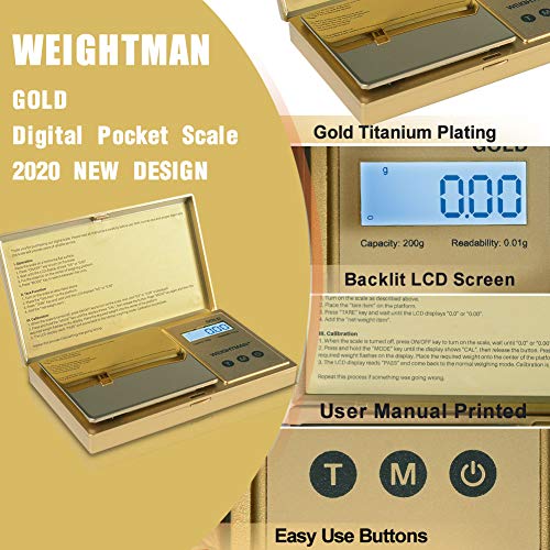 WEIGHTMAN Digital Scale Gram, 200g/0.01g Pocket Scale Gold Titanium Plating, LCD Backlit Display, Mini Jewelry Scale with 6 Units, Auto Off, Tare Function for Food, Herb, Coins, Battery Included