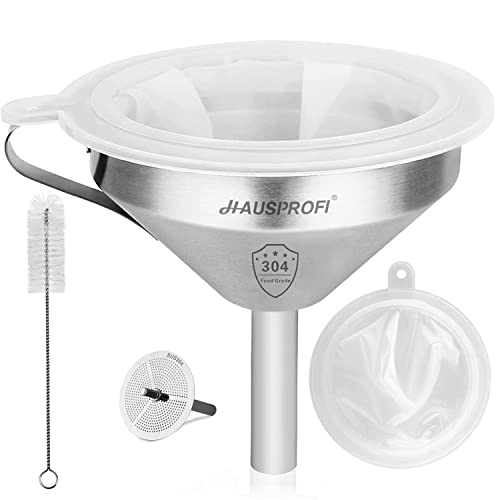 HAUSPROFI Stainless Steel Funnel, 5.1 inch 304 Stainless Steel Kitchen Funnel with 200 Mesh Food Filter Strainer,Metal Funnel for Filling Bottles Transferring Liquids, Oil, Making Jam