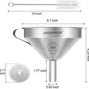 HAUSPROFI Stainless Steel Funnel, 5.1 inch 304 Stainless Steel Kitchen Funnel with 200 Mesh Food Filter Strainer,Metal Funnel for Filling Bottles Transferring Liquids, Oil, Making Jam