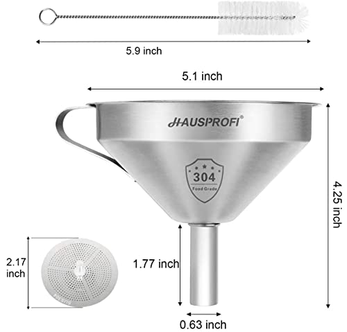 HAUSPROFI Stainless Steel Funnel, 5.1 inch 304 Stainless Steel Kitchen Funnel with 200 Mesh Food Filter Strainer,Metal Funnel for Filling Bottles Transferring Liquids, Oil, Making Jam