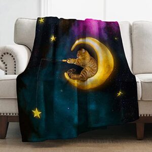 Levens Cat Moon Throw Blanket Galaxy Soft Blanket for Bed Couch Sofa Lightweight Travelling Camping Throw for Kids Adults 50"x60"