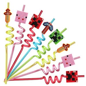 25 reusable pixel straws for miner craft party supplies favors, pixel spider creepah party supplies gift with 2 cleaning brushes