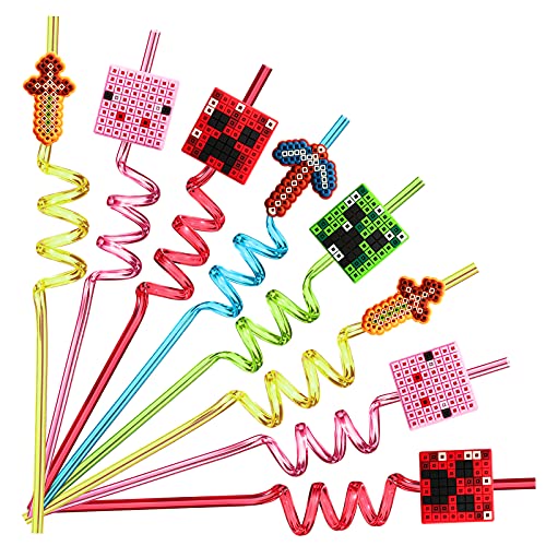 25 Reusable Pixel Straws for Miner Craft Party Supplies Favors, Pixel Spider Creepah Party Supplies Gift with 2 Cleaning Brushes