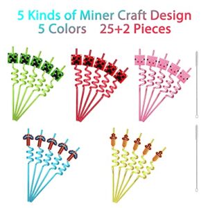 25 Reusable Pixel Straws for Miner Craft Party Supplies Favors, Pixel Spider Creepah Party Supplies Gift with 2 Cleaning Brushes