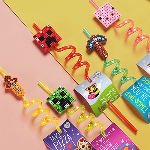 25 Reusable Pixel Straws for Miner Craft Party Supplies Favors, Pixel Spider Creepah Party Supplies Gift with 2 Cleaning Brushes