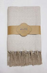 lito linen and towel premium cotton throw blanket| soft warm cozy lightweight decorative woven blanket with fringes | couch, sofa, bed, travel | all season suitable for women men kids| brown| 50x60