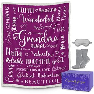 SIMORAS Grandma Blanket with Sleep Mask, Socks and Gift Box - Grandma Throw Blanket for Christmas, Mothers Day - Grandma Gifts for Grandmother Birthday - Fleece Blanket, Purple 60" x 50"