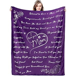 Mom Blankets Flannel Throw for Women Anniversary Birthday Gift Portable from Daughter Son Printed Warm Soft Couch Sofa Decor Purple 60"x80"