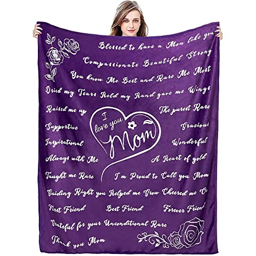 Mom Blankets Flannel Throw for Women Anniversary Birthday Gift Portable from Daughter Son Printed Warm Soft Couch Sofa Decor Purple 60"x80"