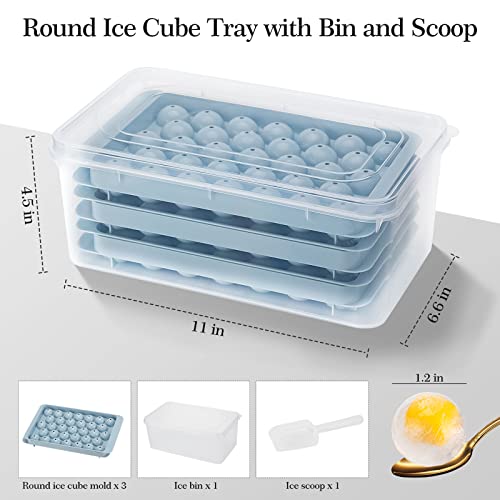 Zimmoo Ice Cube Tray, Round Ice Cube Trays for Freezer with Lid & Bin, 1.2 IN X 99 PCS Sphere Ice Ball Maker Molds Circle Ice Tray for Whiskey Cocktails Drinks (3 Trays 1 Ice Container and Scoop)