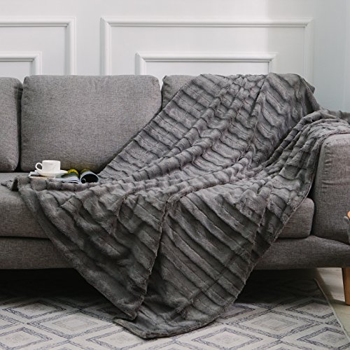 Cheer Collection Faux Fur Blanket, Luxurious Blanket for Couch, Throw Blanket, 60" x 50" inches, Grey