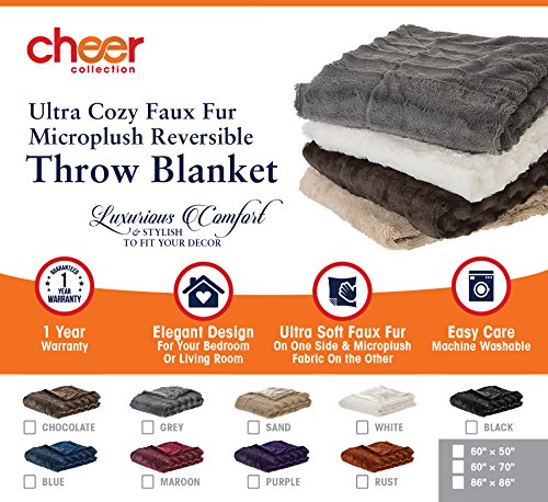 Cheer Collection Faux Fur Blanket, Luxurious Blanket for Couch, Throw Blanket, 60" x 50" inches, Grey