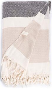 bersuse 100% cotton aspendos xl throw blanket turkish towel - 60x90 inches, black-grey-beige