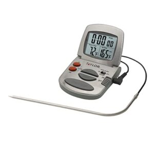 taylor programmable with timer instant read wired probe digital, meat, food, grill bbq cooking kitchen thermometer, stainless steel