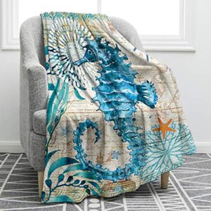 jekeno sea horse blanket smooth soft ocean style print throw blanket for sofa chair bed office gift 50"x60"