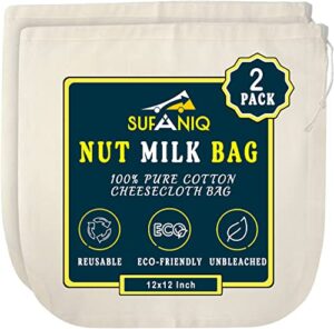 sufaniq nut milk bag - 2 pack (12 x 12 inches) 100% unbleached cotton cheesecloth bag, premium quality reuseable nut bag strainer for almond, soy, oat milk, tea, juices, cold brew coffee