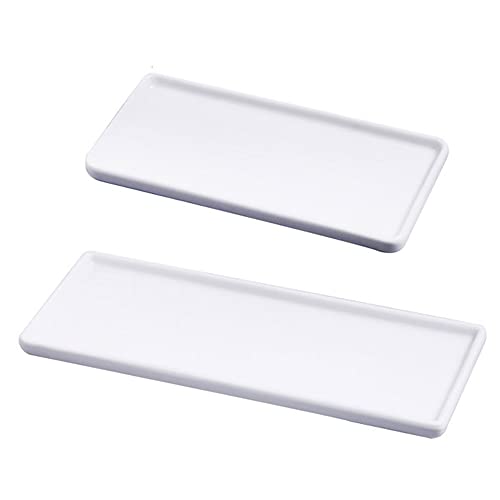 2 Pack Ceramic Vanity Trays for Bathroom, Marble Candle Tray, Rectangle White Jewelry Dish Ring Dish Tray Organizer, Porcelain Toothbrush Holder for Countertop, Kitchen Sink (Small & Big)