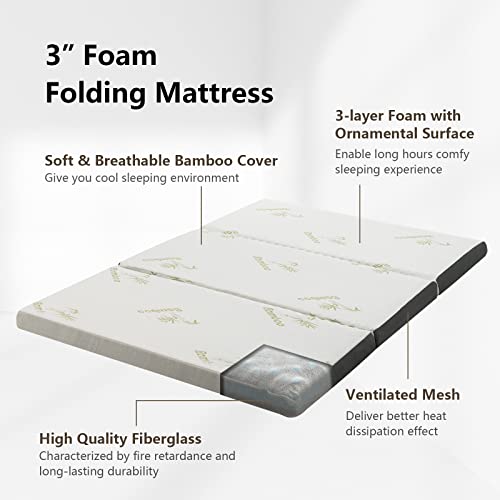 Giantex Folding Mattress Queen, 3” Tri-fold Memory Foam Mattress, Foldable Mattress Topper w/Soft Bamboo Cover, Portable Mattress w/Carrying Bag for RV Camping Guest Bed, CertiPUR-US Certified (Queen)
