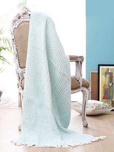farmhouse throws blanket in two tone honeycomb,picnic,camping, beach,throws for couch,everyday use, cotton throw blanket with super soft and excellent handfeel 50 x 60 -aqua white