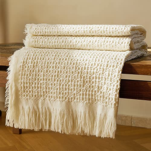 ZonLi Throw Blanket 57 x75 inch Breathable Waffle Weave Throw Blanket for Couch and Bed Versatile Cozy Blanket with Fringes Moderate Thickness and Suitable for Indoor & Outdoor (Beige)