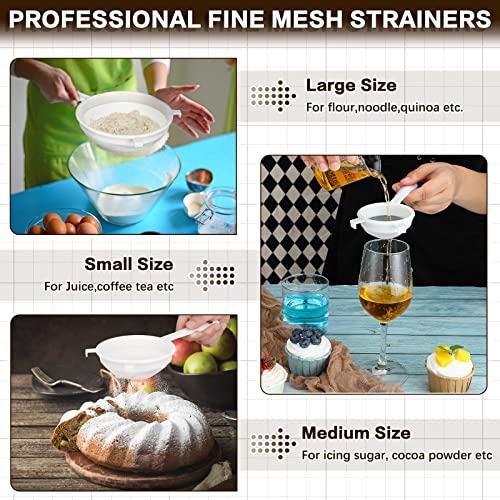 3 Pcs Plastic Nylon Mesh Strainer Colander with Handle Double Ear Fine Food Mesh Strainer Flour Sifter for Baking Kitchen Strainer Kefir Tea Juice Pasta Strainer (3 Inch, 5 Inch, 7 Inch)