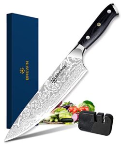 brewin kitchen knife with sharpener, razor sharp 8 inch chef knife with black pakkawood handle german high carbon stainless steel full tang professional cooking knives with gift box