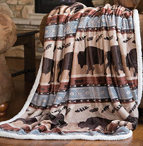 Carstens, Inc Wrangler Buffalo Southwestern Sherpa Fleece 54x68 Throw Blanket, 54" x 68", Brown