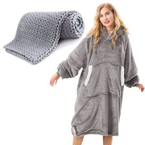uttermara knit weighted blanket 15 pounds 48x72 inches, weighted blankets knitted, grey + blanket hoodie women and men with giant front pocket elastic sleeve, gray