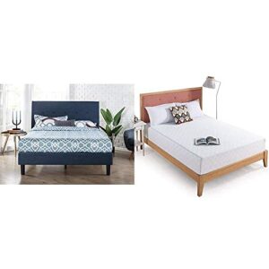 zinus omkaram upholstered platform bed with wood slat support, full & 10 inch gel-infused green tea memory foam mattress, full