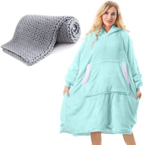 Uttermara Knit Weighted Blanket 10 Pounds 50x60 Inches, Weighted Blankets Knitted, Grey + Blanket Hoodie Women and Men with Giant Front Pocket Elastic Sleeve, Teal