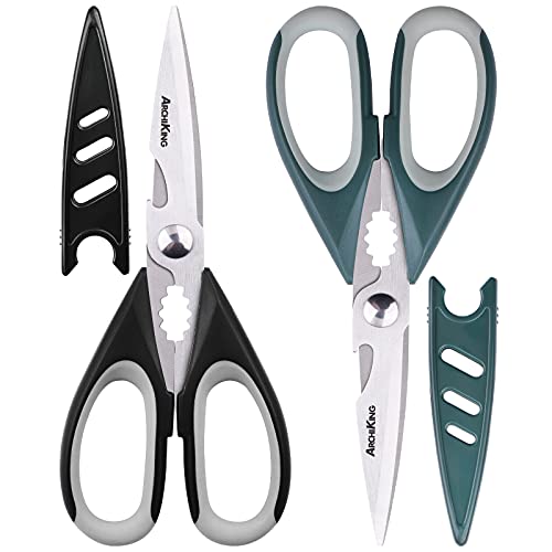 Kitchen Shears with Sheath, ARCHIKING 2pack Sharp Kitchen Scissors,Stainless Steel Scissors,Poultry Shears,Utility Scissors,Office Scissors,Dishwasher Safe for Chicken,fish,meat,BBQ (Black&Green)