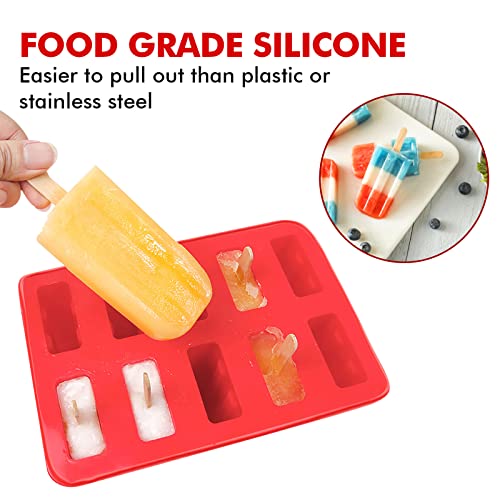 Ouddy Popsicles Molds, 10 Cavities Food Grade Popsicle Maker with 50 Popsicle Sticks & 1 Silicone Funnel, Silicone Popsicle Molds for Kids, Frozen Ice Pop Mold for Homemade Popsicles