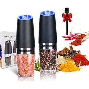 electric salt and pepper grinder set, gravity sensor, automatic pepper mill, one hand operation, battery-operated with adjustable coarseness, blue led light (black 2 pack)