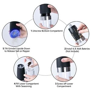 Electric Salt and Pepper Grinder Set, Gravity Sensor, Automatic Pepper Mill, One Hand Operation, Battery-Operated with Adjustable Coarseness, Blue Led Light (Black 2 Pack)