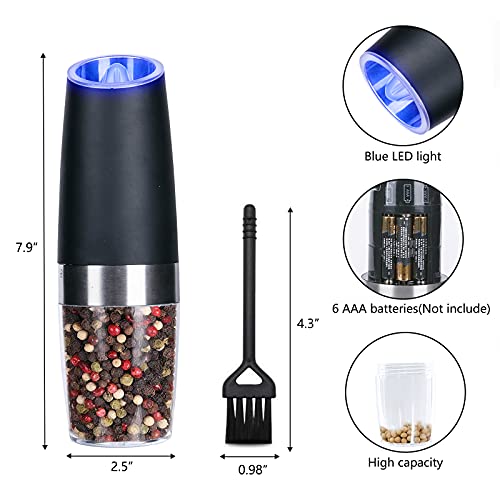 Electric Salt and Pepper Grinder Set, Gravity Sensor, Automatic Pepper Mill, One Hand Operation, Battery-Operated with Adjustable Coarseness, Blue Led Light (Black 2 Pack)