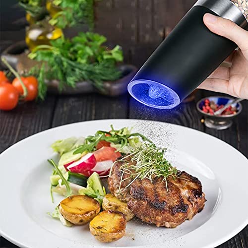 Electric Salt and Pepper Grinder Set, Gravity Sensor, Automatic Pepper Mill, One Hand Operation, Battery-Operated with Adjustable Coarseness, Blue Led Light (Black 2 Pack)