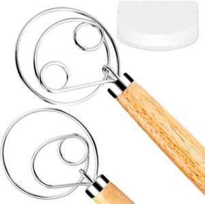fuanrtk danish dough whisk bread mixer，2 pack premium stainless steel dutch whisk with a dough scraper for bread, pastry or pizza dough - perfect baking