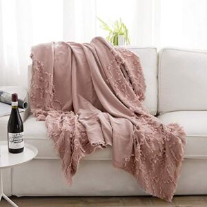 simple&opulence 100% cotton throw blanket for bed, couch, tufted zigzag knit woven boho blanket with tassels soft lightweight breathable cozy blanket farmhouse decoration for all-season (dusty rose)