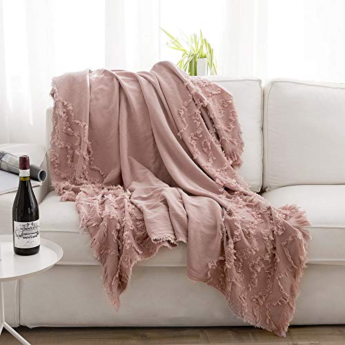 Simple&Opulence 100% Cotton Throw Blanket for Bed, Couch, Tufted Zigzag Knit Woven Boho Blanket with Tassels Soft Lightweight Breathable Cozy Blanket Farmhouse Decoration for All-Season (Dusty Rose)