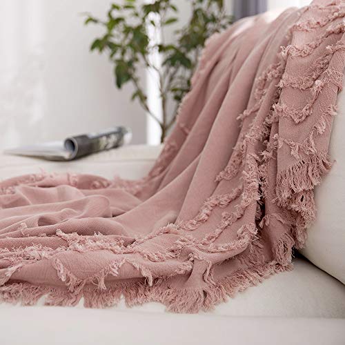 Simple&Opulence 100% Cotton Throw Blanket for Bed, Couch, Tufted Zigzag Knit Woven Boho Blanket with Tassels Soft Lightweight Breathable Cozy Blanket Farmhouse Decoration for All-Season (Dusty Rose)