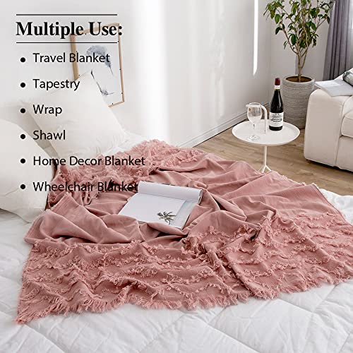 Simple&Opulence 100% Cotton Throw Blanket for Bed, Couch, Tufted Zigzag Knit Woven Boho Blanket with Tassels Soft Lightweight Breathable Cozy Blanket Farmhouse Decoration for All-Season (Dusty Rose)