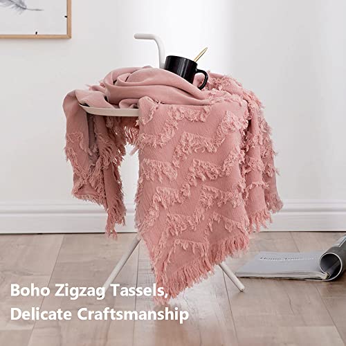 Simple&Opulence 100% Cotton Throw Blanket for Bed, Couch, Tufted Zigzag Knit Woven Boho Blanket with Tassels Soft Lightweight Breathable Cozy Blanket Farmhouse Decoration for All-Season (Dusty Rose)