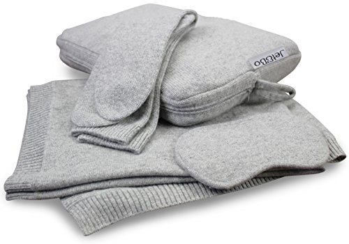 Jet&Bo 100% Pure Cashmere Travel Set: Blanket, Eye Mask, Socks, Carry/Pillow Case Gray