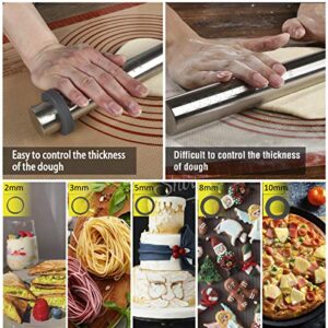 Adjustable Rolling Pin with Thickness Rings for Baking -Non Stick Stainless Steel Dough Roller Pin with Bands for Cookie,Wood,Wooden and Bread (Grey, 17.5'')