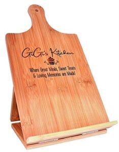 gigi gift cookbook stand recipe holder - custom engraved bamboo cutting board foldable chef easel metal hinge kickstand ipad tablet compatible christmas birthday mother day kitchen decor (7.25x13.5)