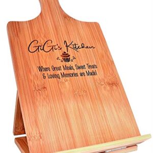 Gigi Gift Cookbook Stand Recipe Holder - Custom Engraved Bamboo Cutting Board Foldable Chef Easel Metal Hinge Kickstand iPad Tablet Compatible Christmas Birthday Mother Day Kitchen Decor (7.25x13.5)