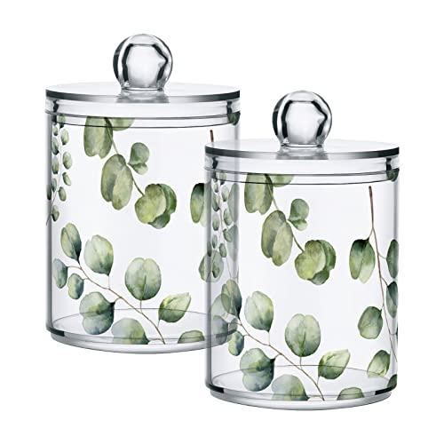 ALAZA Bathroom Canister Set of 2, Tropical Flowers Green Eucalyptus Leaves Plastic Jars Holder Dispense Qtip Holder Storage Jars with Lids,Home Decor