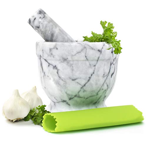 Marble Mortar and Pestle Set - Beautiful Polished White and Grey Veined Marble Mortar and Pestle Set with Garlic Peeler and Anti Scratch, Anti Skid Protective Pad