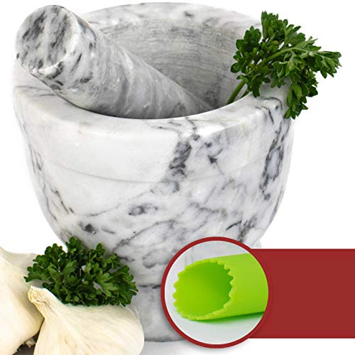 Marble Mortar and Pestle Set - Beautiful Polished White and Grey Veined Marble Mortar and Pestle Set with Garlic Peeler and Anti Scratch, Anti Skid Protective Pad