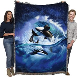 Pure Country Weavers JL Orca Wave Blanket by Jerry LoFaro - Ocean Whales Gift Tapestry Throw Woven from Cotton - Made in The USA (72x54)